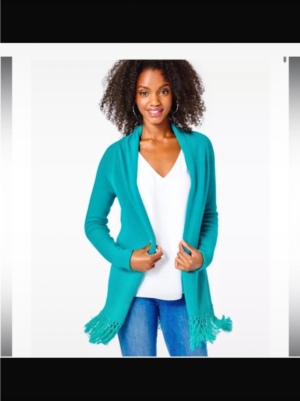 Lilly Pulitzer Medium Teal Open-Front Fringe Cardigan